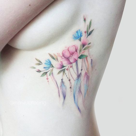 Татуировка Красивые Цветы и Перья