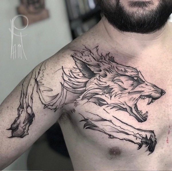 Большая Татуировка Бегущий Волк на Мужской Груди