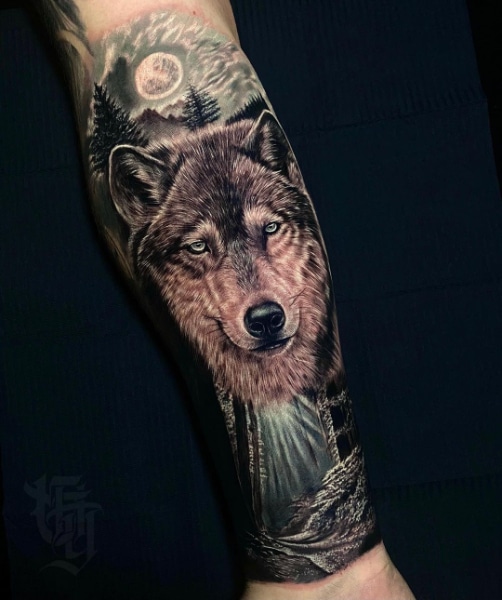 Татуировка Волк Лес и Луна